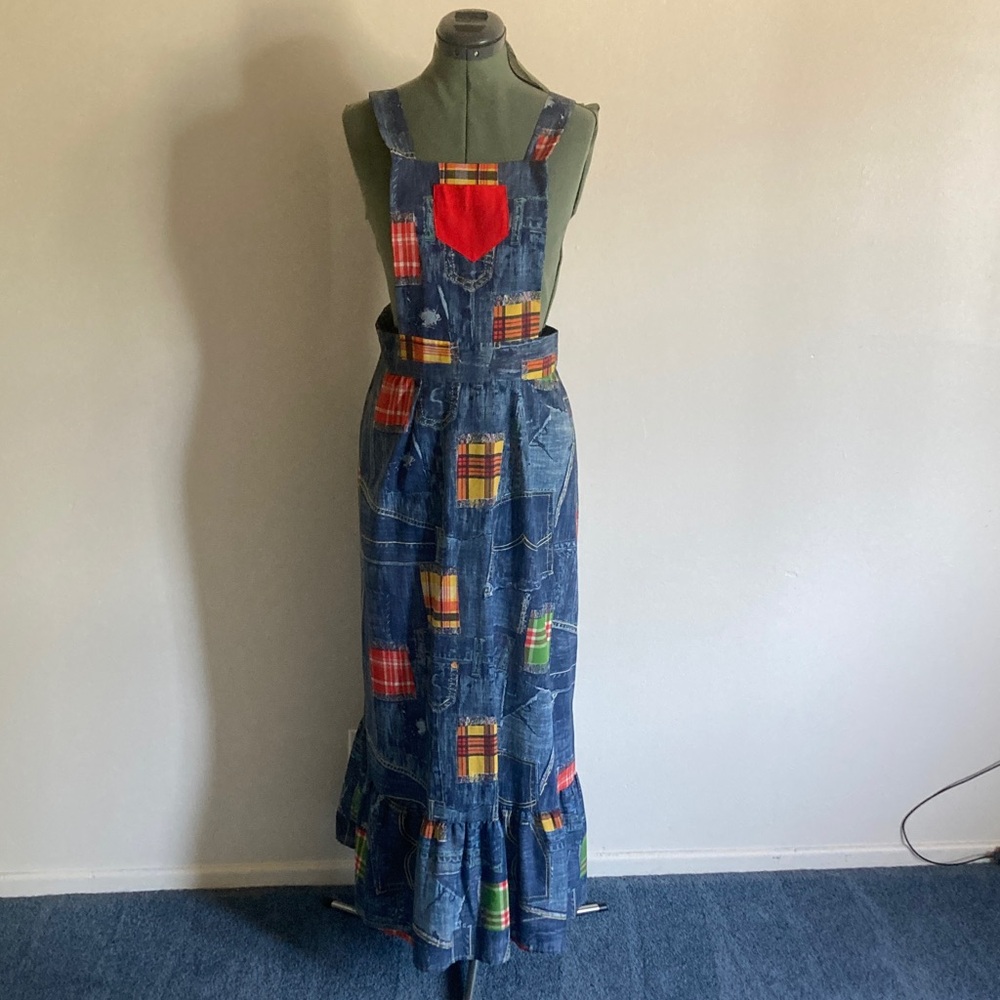 Vintage Faux Denim Patchwork Apron Dress with Red & Yellow Accents